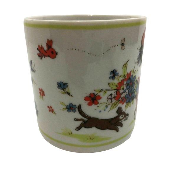 Dog Chasing Little Girl on Bicycle Colorful Bouquet of Flowers Japan Coffee Mug - Picture 3 of 7